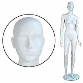 Female Mannequin - Abstract Head, Arms by Side, Right Leg Forward - Cameo White