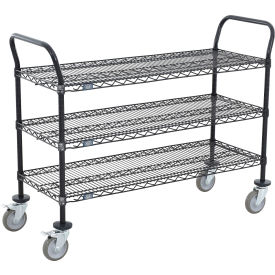 3 Shelf Utility Cart, Black Epoxy, 60"W x 18"D x 39"H, Poly Casters, 4 Swivel, 2 Brake