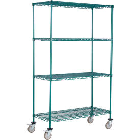 4 Shelf Truck, Poly-Green, 60"W x 14"D x 69"H, Polyurethane Swivel Casters, 2 Brakes