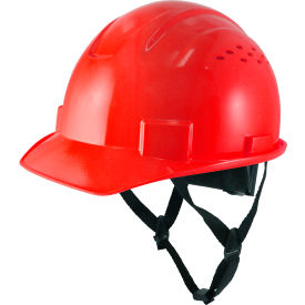 Vented Cap Style Hard Hat, 4-Point Adjustable Ratchet Suspension, Red