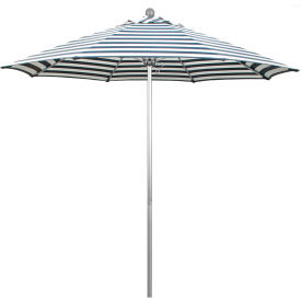 9' Patio Umbrella, Silver Pole, Olefin Navy/White Stripe Fabric