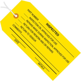 Inspection Tag, "Inspected", Pre-Strung, 4-3/4"L x 2-3/8"W, Yellow, 1000/Pack