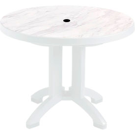 38" Round Resin Pedestal Table with Umbrella Hole, White Marble On White Frame