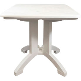 Aquaba 32" Square Resin Pedestal Table w/Umbrella Hole, White Marble On White Frame