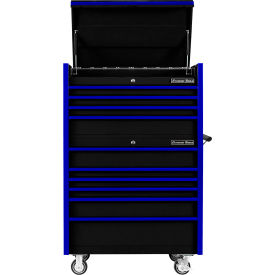 Top Chest & Roller Cabinet Combo, 41"W x 25"D x 64"H, Black with Blue Drawer Pulls