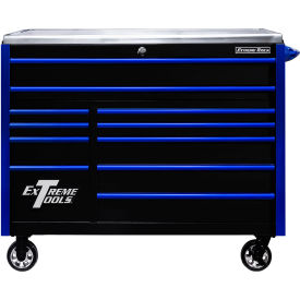 Pro Roller Cabinet, 55"W x 30"D x 46-5/8"H, Black with Blue Drawer Pulls & Trim