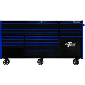16 Drawer Roller Cabinet, 84"W x 30"D x 47-3/8"H, Black with Blue Drawer Pulls