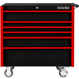 Black Roller Cabinet, 6 Drawers, 41"W x 25"D x 41-13/16"H, Red Drawer Pulls