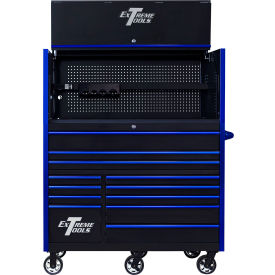 RX Pro Power Workstation Hutch & Roller Cabinet, 55"W x 25"D, Black with Blue Dr Pulls