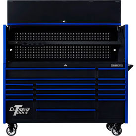 Power Workstation Hutch & Roller Cabinet, 72"W x 21"D, Black with Blue Drawer Pulls