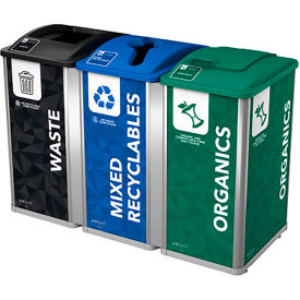 Triple Recycling Station For Mixed Recyclables, 96 Gal. Cap., Black/Blue/Green