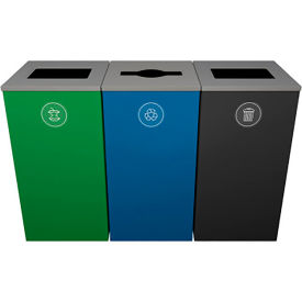 Triple Cube Recycling Station For Organics, 72 Gallon Cap., Green/Blue/Black