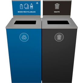 Spectrum Cube Double Recycling Station w/ Signs For Recyclables, 48 Gal. Cap, Blue/Blk