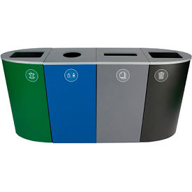Quad Recycling Station For Organics, 92 Gallon Cap., Green/Blue/Gray/Black