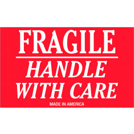 Labels with "Fragile-Handle With Care" Print, 5"L x 3"W, Red/White, Roll of 500