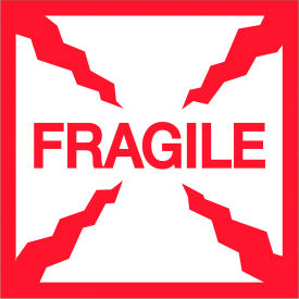 Labels with "Fragile" Print, 2"L x 2"W, Red/White, Roll of 500