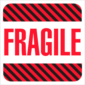 Labels with "Fragile" Print, 4"L x 4"W, Red/White/Black, Roll of 500