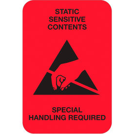 Labels with "Static Sensitive" Print, 3"L x 2"W, Fluorescent Red, Roll of 500