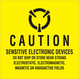 Labels with "Sensitive Electronic..." Print, 4"L x 4"W, Black/Yellow, Roll of 500