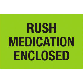 Labels with "Rush-Medication..." Print, 3"L x 2"W, Fluorescent Green, Roll of 500