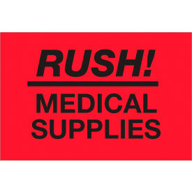 Labels with "Rush-Medical Supplies" Print, 3"L x 2"W, Fluorescent Red, Roll of 500