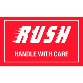 Labels with "Rush-Handle With Care" Print, 5"L x 3"W, Red/White, Roll of 500