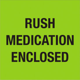 Labels with "Rush-Medication..." Print, 4"L x 4"W, Fluorescent Green, Roll of 500