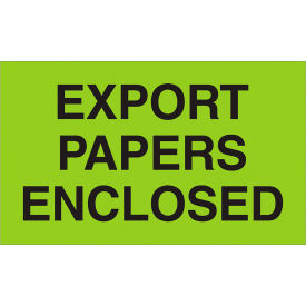 Labels w/ "Export Papers Enclosed" Print, 5"L x 3"W, Fluorescent Green, Roll of 500