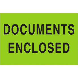 Labels with "Documents Enclosed" Print, 3"L x 2"W, Fluorescent Green, Roll of 500
