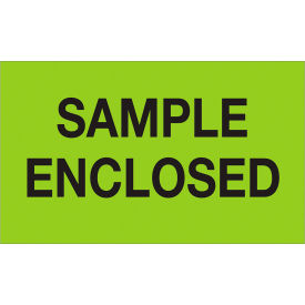 Labels with "Sample Enclosed" Print, 5"L x 3"W, Fluorescent Green, Roll of 500