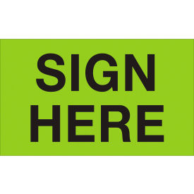 Labels with "Sign Here" Print, 5"L x 3"W, Fluorescent Green, Roll of 500