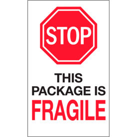 Labels w/ "Stop-This Package is..." Print, 10"L x 6"W, Red/White/Black, Roll of 250