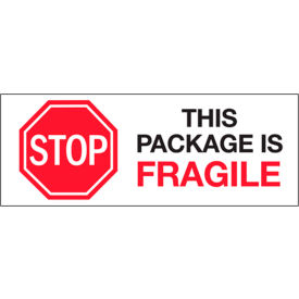 Labels w/ "Stop-This Package is..." Print, 8"L x 3"W, Red/White/Black, Roll of 250