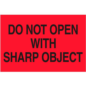 Labels with "Do Not Open with..." Print, 3"L x 2"W, Fluorescent Red, Roll of 500