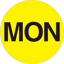 2" Dia. Round Paper Labels with "Mon" Print, Fluorescent Yellow, Roll of 500