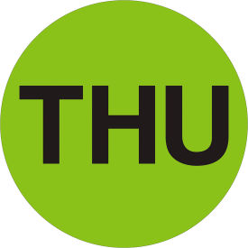 2" Dia. Round Paper Labels with "Thu" Print, Fluorescent Green, Roll of 500