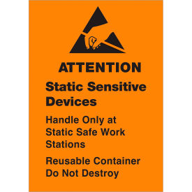 Labels w/ "Static Sensitive..." Print, 2-1/2"L x 1-3/4"W, Black/Orange, Roll of 500