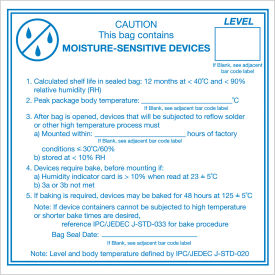 Labels w/ "Caution Moisture Sensitive..." Print, 4"L x 4"W, Blue/White, Roll of 500