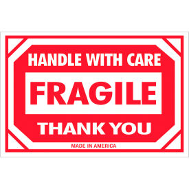 Labels w/ "Fragile-Handle With Care" Print, 3"L x 2"W, Red/White Text, Roll of 500