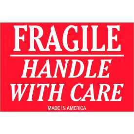 Labels with "Fragile-Handle with Care" Print, 3"L x 2"W, Red Back/White Text, Roll of 500