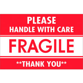 Labels w/ "Fragile-Handle w/ Care-Thank..." Print, 3"L x 2"W, Red/White,Roll of 500