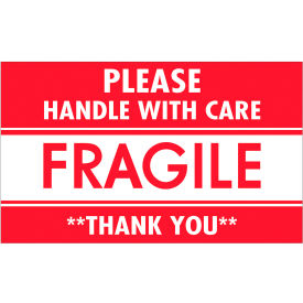 Labels w/ "Fragile-Handle w/ Care-Thank You" Print, 5"L x 3"W, Red/White, Roll of 500