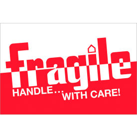 Labels with "Fragile-Handle With Care!!" Print, 3"L x 2"W, Red/White, Roll of 500
