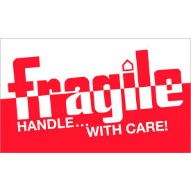 Labels with "Fragile-Handle With Care!!" Print, 5"L x 3"W, Red/White, Roll of 500
