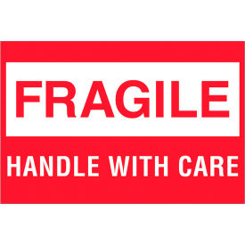 Labels with "Fragile-Handle With Care" Print, 3"L x 2"W, Red/White, Roll of 500