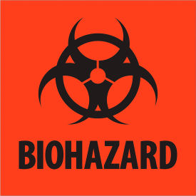 Regulated Labels, ''Biohazard'', 2"L x 2"W, Fluorescent Red, Roll of 500
