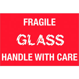 Labels w/ "Fragile-Glass" Print, 3"L x 2"W, White Text/Red Back, Roll of 500