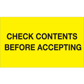 Labels with "Check Contents..." Print, 5"L x 3"W, Fluorescent Yellow, Roll of 500
