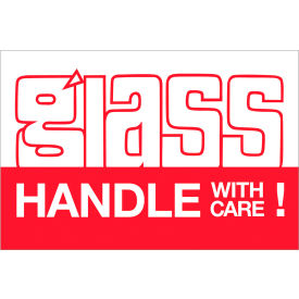 Labels with "Glass-Handle With Care!!" Print, 3"L x 2"W, Red/White, Roll of 500