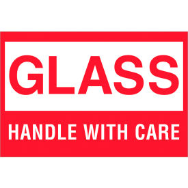 Labels with "Glass-Handle With Care" Print, 3"L x 2"W, Red/White, Roll of 500